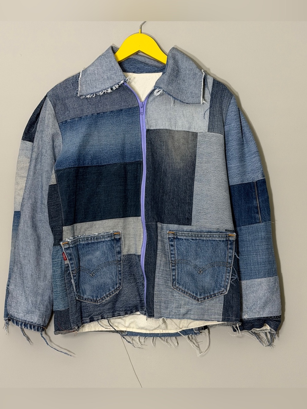 Handmade Denim patchwork jacket with purple zipper and frayed hem large